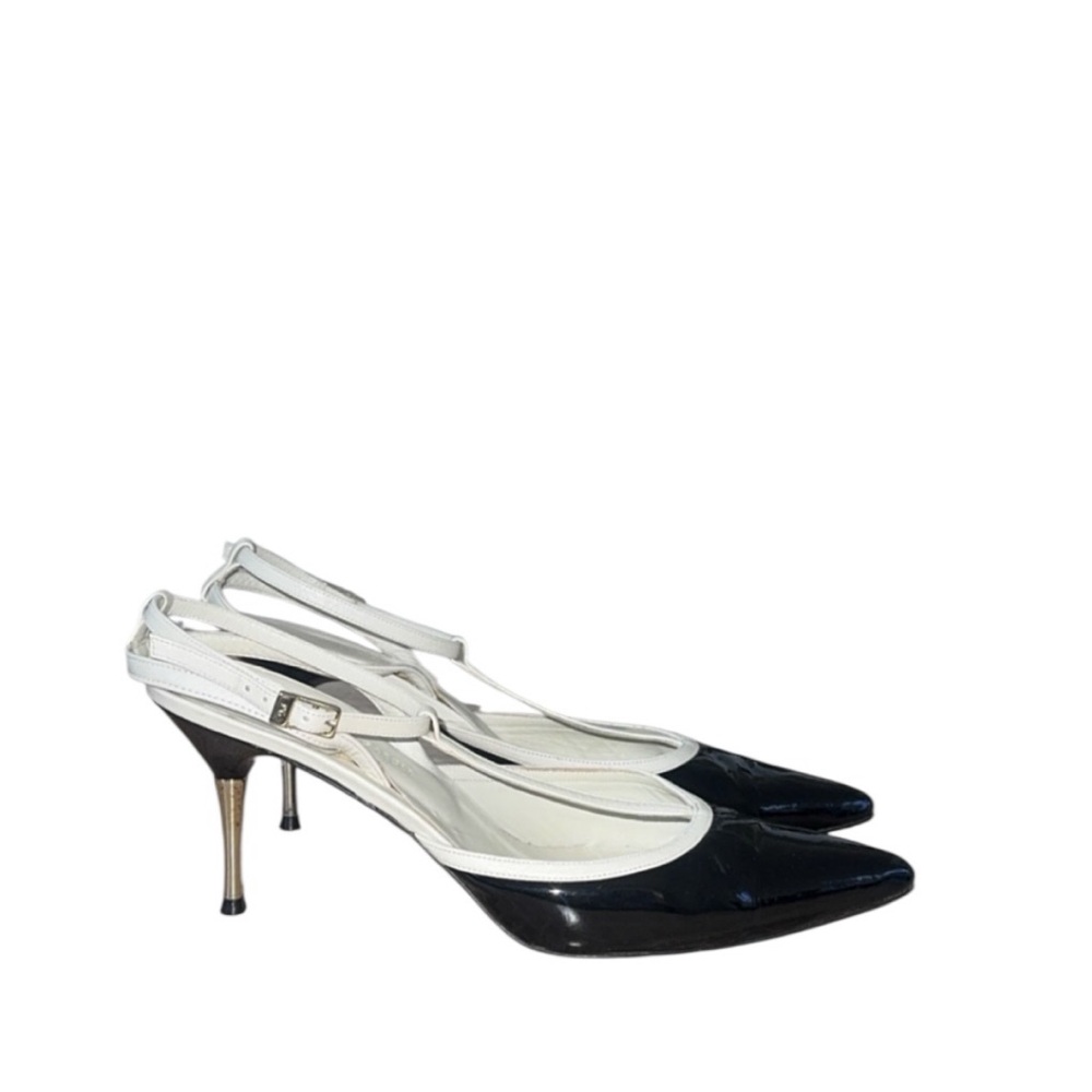 Purificacion Garcia Black & White Patent Leather‎ T Strap Heels Pump 9